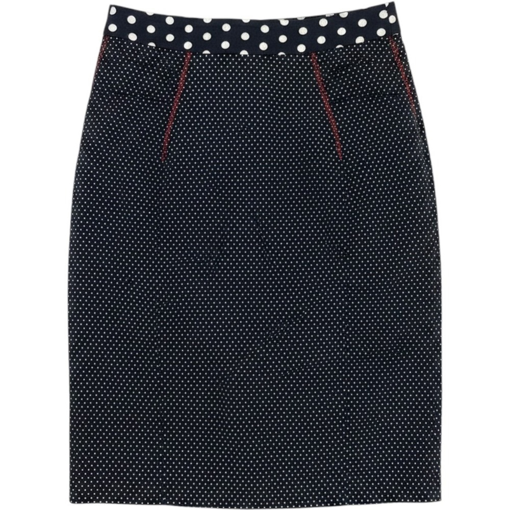 Baraschi Navy and White Polka Dot Pencil Skirt with Red Zig-Zag Stitch Detail
